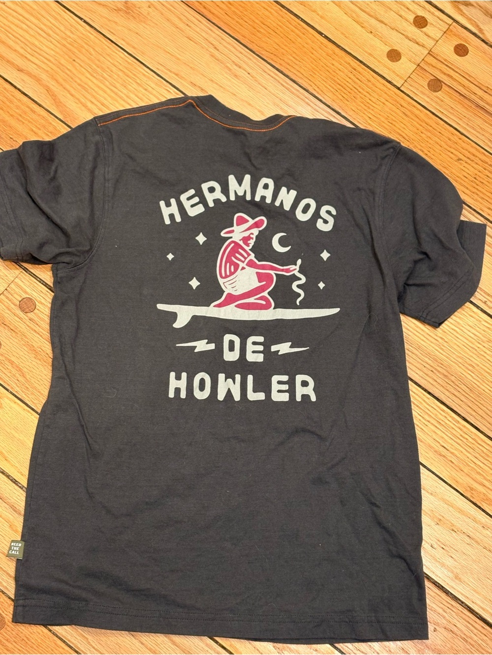 Howler Brothers Dark Gray Tee with Pink & Cream Surf Graphic